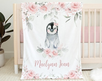 Personalized Baby Girl Blanket - Penguin Baby Blanket -Baby Name Blanket -Baby Shower Gift-Personalized Baby Gift - Floral Baby Blanket