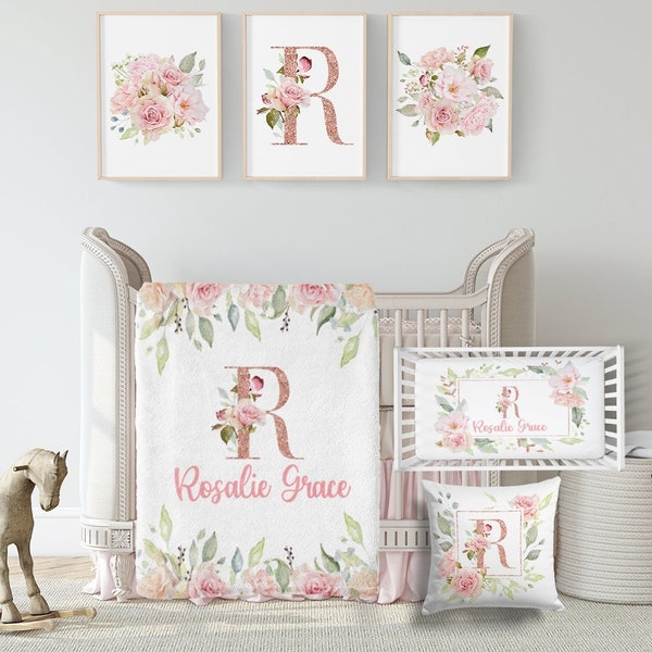 Vintage Rose Crib Bedding Set  -Personalized Baby Girl Blanket with Soft Florals- Baby Girl Crib Bedding -Rose Gold Floral Nursery Set