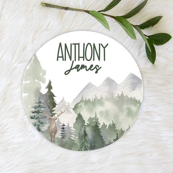 Woodland Deer Name Sign, Baby Boy Personalized Sign, Woodland Landscape Round Wood Sign, Mountains Trees Nursery Decor, Baby Gift 535