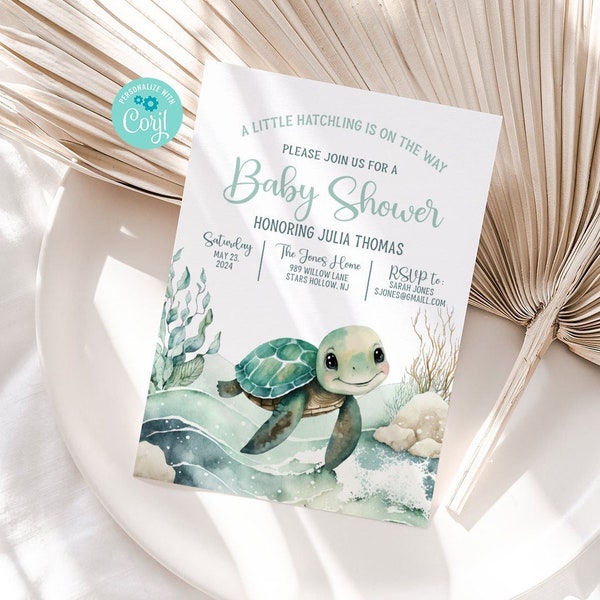 Printable Sea Turtle Baby Shower Invitation - Editable Ocean Themed Baby Shower Invite - Under the Sea Baby Sprinkle -Green Sea Turtle, G561