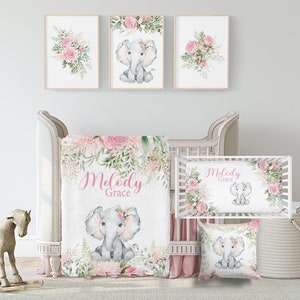 Soft Pink Floral Crib Bedding Set  -Personalized Baby Girl Blanket with Blush Flowers Greenery- Baby Girl Crib Bedding - Floral Nursery Set