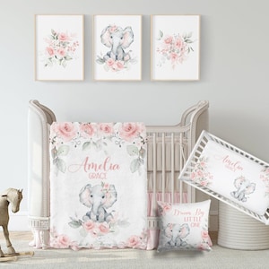 Baby Girl Elephant Crib Bedding Set  -Personalized Baby Girl Blanket with Floral Elephant- Soft Floral Elephant Sheet -Safari Nursery Set