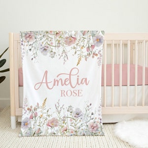 Blush Wildflower Blanket with Name, Personalized Baby Girl Blanket, Custom Toddler Girl Name Blanket, Blush Floral Baby Blanket  SB556