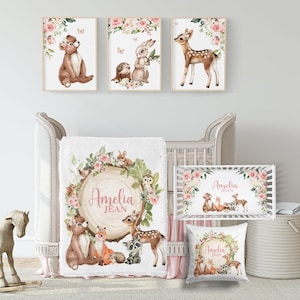 Baby Girl Woodland Animals Crib Bedding Set -Personalized Baby Girl Blanket with Woodland Animals- Blush Floral Woodland Nursery Set A550