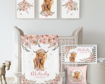 Baby Mädchen Bettwäsche Set - Boho Floral Highland Kuh Krippe Bettwäsche Set - Bauernhaus Kinderzimmer Bettwäsche Blush Boho Blumen Krippe Bettwäsche - 542
