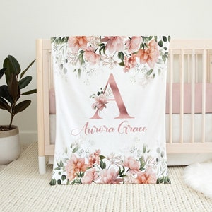 Personalized Baby Girl Blanket - Neutral Floral Baby Blanket Girl -Baby Name Reveal Blanket -Baby Shower Gift- Custom Baby Gift