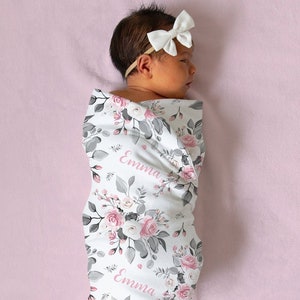 Pink Floral Swaddle Blanket Headband Hat Set -Personalized Baby Shower Gift - Hospital Name Announcement - Personalized Baby Girl Blanket