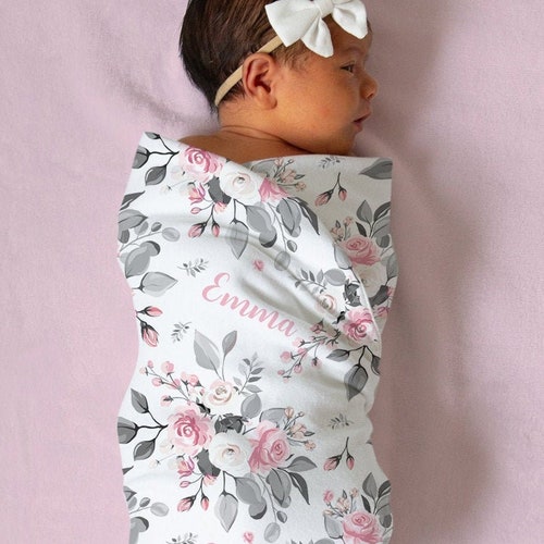 Pink Rose Swaddle Blanket Headband Hat Set / Personalized Baby Etsy