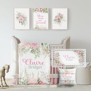 Soft Pink Floral Crib Bedding Set  -Personalized Baby Girl Blanket with Blush Flowers Greenery- Baby Girl Crib Bedding - Floral Nursery Set