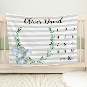 Elephant Baby Milestone Blanket Month Blanket Growth Tracker Fleece Blanket Baby Shower Elephant Baby Newborn Gift Safari Animals Blanket