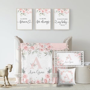 Baby Girl Blush Floral Crib Bedding Set, Custom Crib Bedding Set Girl, Personalized Soft Pink Floral Nursery Set,  Girl Nursery Decor 570