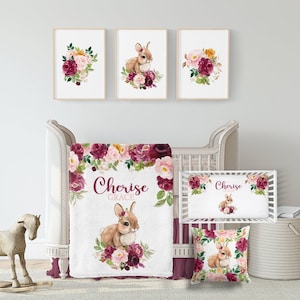 Baby Girl Bunny Crib Bedding Set, Burgundy Blush Floral Crib Bedding Set Girl Bunny Nursery Set, Crib Sheets Girl, Woodland Nursery 572