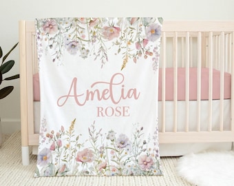 Blush Wildflower Blanket with Name, Personalized Baby Girl Blanket, Custom Toddler Girl Name Blanket, Blush Floral Baby Blanket  SB556