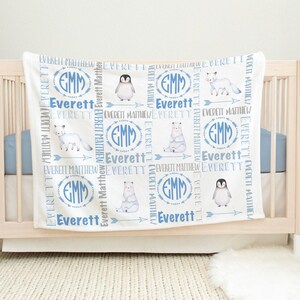 Personalized Baby Blanket Boy. Boy Blanket with Arctic Animals.  Boy Baby name blanket penguin. Baby shower gift. Monogrammed baby Blanket