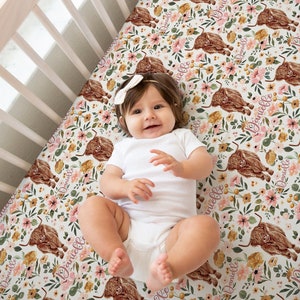 Floral Highland Cow Crib Sheet with Name- Personalized Crib Bedding. Custom Farm Baby Shower Gifts. Southern Baby Bedding. Country Girl