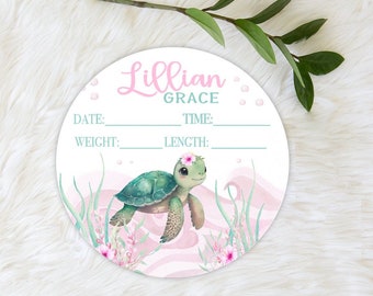 Girl Birth Stat Sign, Girl Sea Turtle Birth Stat Sign, Round Wood Birth Stat Sign, Personalized Birth Stat Sign, Newborn Shower Gift S562b