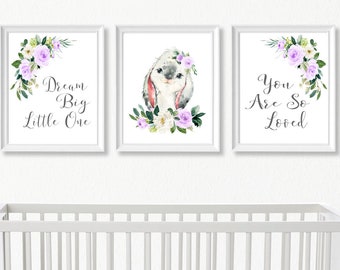 Baby Girl Bunny Rabbit Wall Art, Purple Floral Set of 3 Printable Pictures Baby Girl Nursery Wall Art, Set of Digital Prints, Bunny Pictures