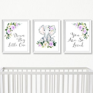 Baby Girl Elephant Nursery Wall Art, Purple Floral Set of 3 Printable Prints, Baby Girl Nursery Wall Art, Elephant Set of Digital Prints