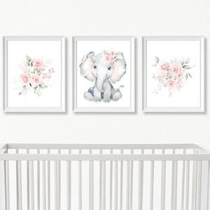 Baby Girl Elephant Nursery Wall Art, Floral Animal Set of 3 Printable Prints, Baby Girl Nursery Wall Art, Elephant Set of Digital Prints