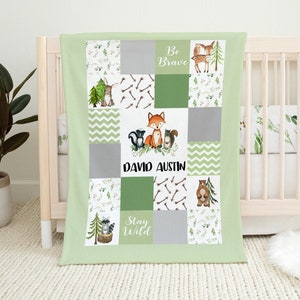 Wald Baby Decke- Personalisierte Baby Junge Decke- Baby Decke Namen Decke- Baby Party Geschenk- Wald Baby Quilt- Waldtiere Kinderzimmer