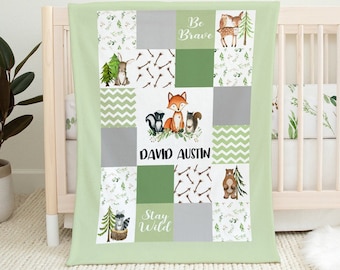 Woodland Baby Blanket- Personalized Baby Boy Blanket -Baby Name Blanket - Baby Shower Gift- Woodland Baby Quilt -Woodland Animals Nursery