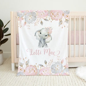 Personalized Baby Girl Blanket - Floral Elephant Baby Blanket -Baby Name Blanket -Baby Shower Gift-Personalized Baby Gift -Blush Floral