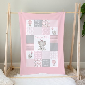 Pink Elephant Baby Blanket Girl -Personalized Baby Girl Blanket with Hot Air Balloons -Baby Bedding - Baby Shower Gift- Baby Girl Quilt