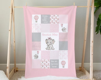 Pink Elephant Baby Blanket Girl -Personalized Baby Girl Blanket with Hot Air Balloons -Baby Bedding - Baby Shower Gift- Baby Girl Quilt