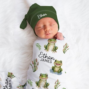 Baby Frog Swaddle set -Personalized Baby Boy Blanket Hat Set - Frog Baby Shower Gift  -Baby Animal Blanket -Hospital Home Outfit -SW591