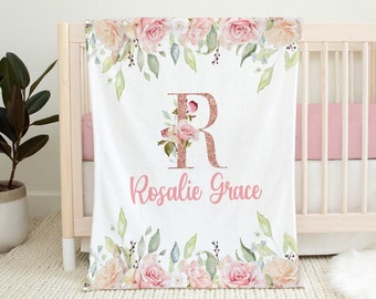 Manta personalizada para bebé niña - Manta floral rosa suave con nombre - Regalo para baby shower - Regalo con monograma para baby shower SB134