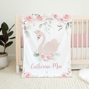 Personalized Baby Girl Blanket - Swan Baby Blanket -Baby Name Blanket -Baby Shower Gift-Personalized Baby Gift - Floral Baby Blanket