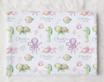 Personalized Ocean Themed Blanket -Baby Girl Blanket- Under the Sea Toddler Girl Name Blanket -Baby Girl Shower Gift- Sea Creatures Turtle