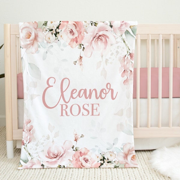 Personalized Blush Floral Name Blanket -Blush Floral Baby Girl Name Reveal Blanket -Baby Girl Shower Gift-Toddler Birthday Gift-SB543
