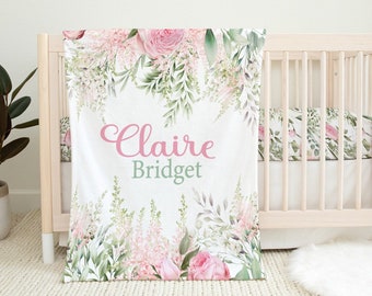 Manta personalizada para bebé niña - Manta floral rosa con vegetación - Manta con nombre - Regalo para baby shower - Regalo con monograma para baby shower de niña