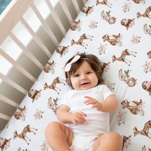 Floral Woodland Crib Sheet -Custom Crib Bedding- Custom Woodland Animals Shower Gift- Bear Deer Hedgehog Bunny Baby Girl Bedding. SPS550