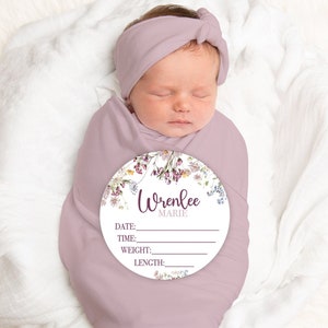 Girl Birth Stat Sign, Boho Wildflower Floral Birth Stat Sign, Round Wood Birth Stat Sign, Personalized Birth Stat Sign, Newborn Gift S553b