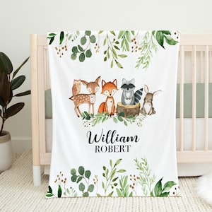 Woodland Baby Blanket- Personalized Baby Boy Blanket - Name Blanket - Baby Shower Gift- Personalized Baby Gift -Woodland Animals Nursery-546