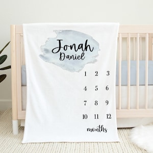 Manta de hito personalizada - Regalo de baby shower- Manta personalizada para bebé con nombre - Manta del mes- Rastreador de crecimiento - Salpicaduras de acuarelaSM113