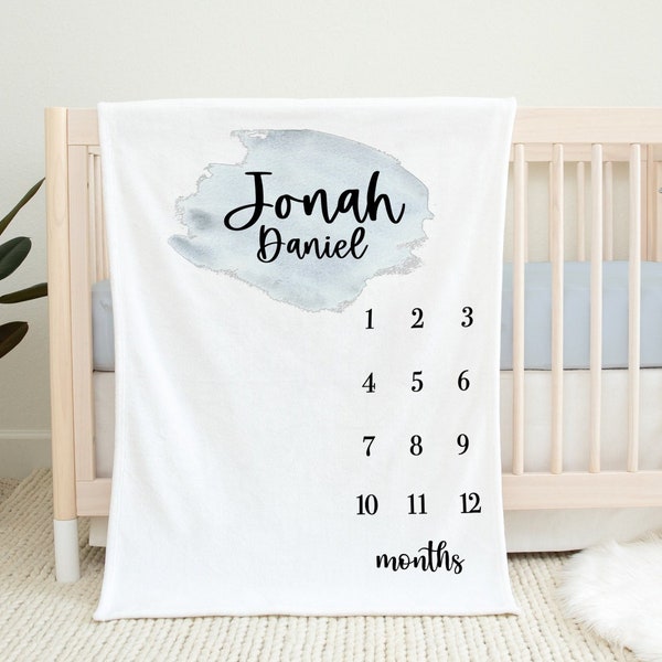 Personalized Milestone Blanket - Baby Shower Gift- Custom Baby Boy Blanket w/ Name - Month Blanket- Growth tracker - Watercolor splashSM113