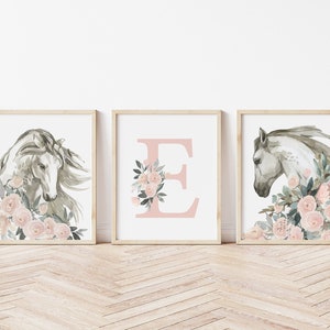 Baby Girl Floral Horse Art Prints - Set of Three Boho Floral Horse Canvases- Baby Girl's Wall Art -Horse Nursery Wall Art - A548