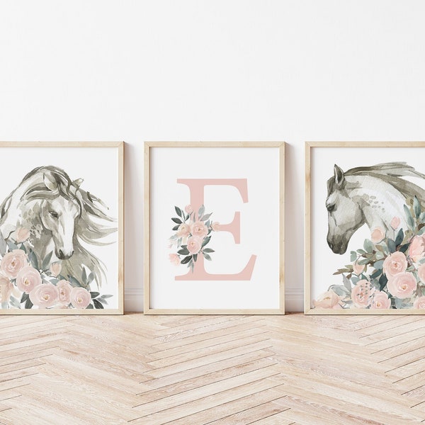 Baby Girl Floral Horse Art Prints - Set of Three Boho Floral Horse Canvases- Baby Girl's Wall Art -Horse Nursery Wall Art - A548