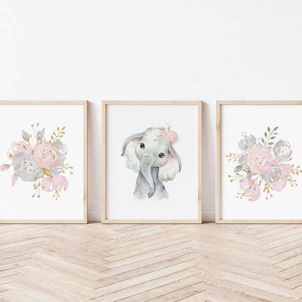 Baby Girl Elephant Nursery Wall Art, Floral Animal Set of 3 Printable Prints, Baby Girl Nursery Wall Art, Elephant Set of Digital Prints