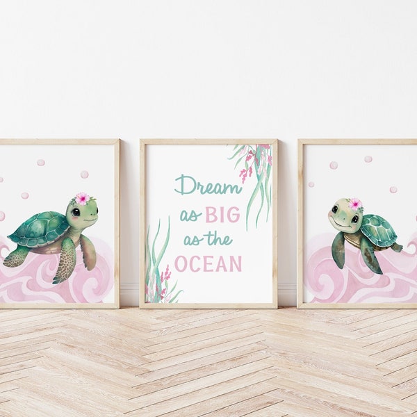 Baby Girl Sea Turtle Nursery Wall Art, Under the Sea Art - Set of 3 Ocean Nursery Art Prints, Sea Turtle Wall Art Set of Digital Prints 562