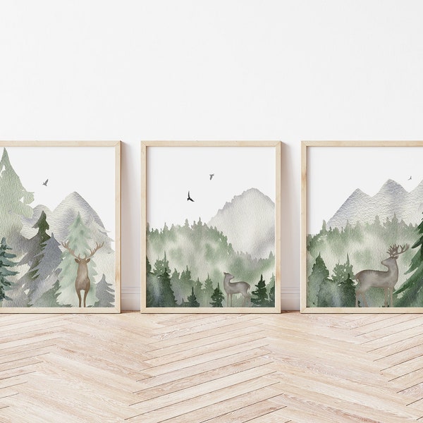 Woodland Wall Art Prints - Set of Three Baby Boy Deer Canvases- Boys Room Wall Art - Playroom Wall Art -Woodland Nursery Art- Mountain Trees