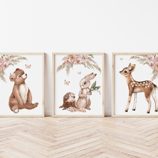 Baby Girl Woodand Nursery Wall Art, Floral Woodland Animal Set of 3 Printable Art Prints, Girl Room Wall Art, Woodland Set of Digital Prints