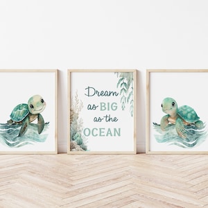 Arte de la pared del vivero de tortugas marinas del bebé, arte bajo el mar - conjunto de 3 impresiones de arte del vivero del océano, conjunto de arte de la pared de la tortuga marina de impresiones digitales 561