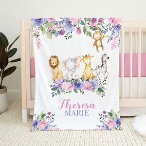 Personalized Baby Girl Blanket -Baby Name Blanket - Lavender Floral Safari Animal Baby Gift- Floral elephant Nursery -Safari Bedding SB126