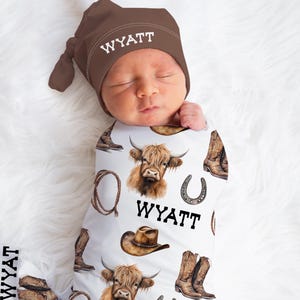Baby Boy Western Swaddle set -Custom Baby Boy Cowboy Blanket Hat Set - Newborn hospital outfit - Highland Cow Farm Baby shower gift sbs603