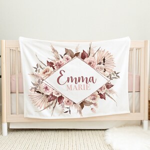Personalized Baby Girl Blanket -Boho Floral Name Blanket Name Reveal Blanket -Baby Girl Shower Gift- Boho Girl Nursery Bedding -New mom gift