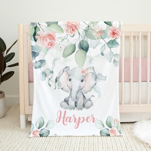 Manta personalizada para niña - Manta con nombre de elefante con flores ruborizadas - Manta para revelar el nombre - Regalo para baby shower de niña - Ropa de cama para guardería con elefante para niña